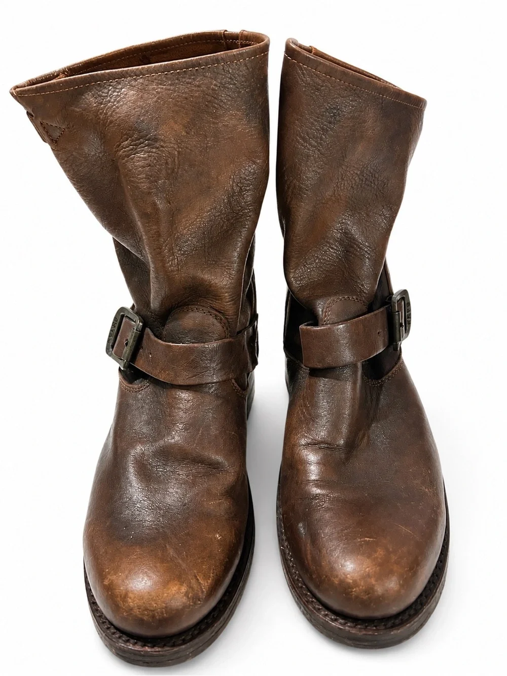 Frye Veronica Short Engineer Boots Women’s 10B Brown Leather Moto Buckle USA